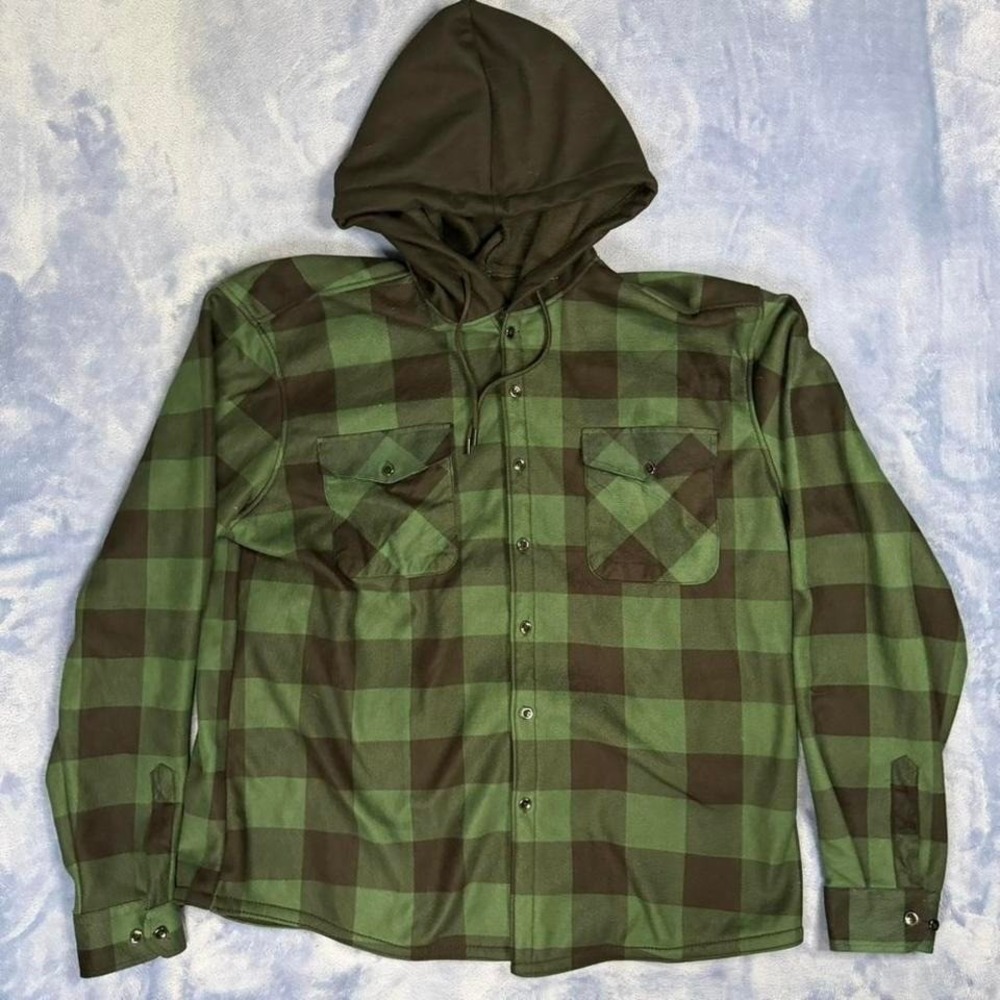 green + brown plaid hoodie with button-up front and‎ hood men size xl